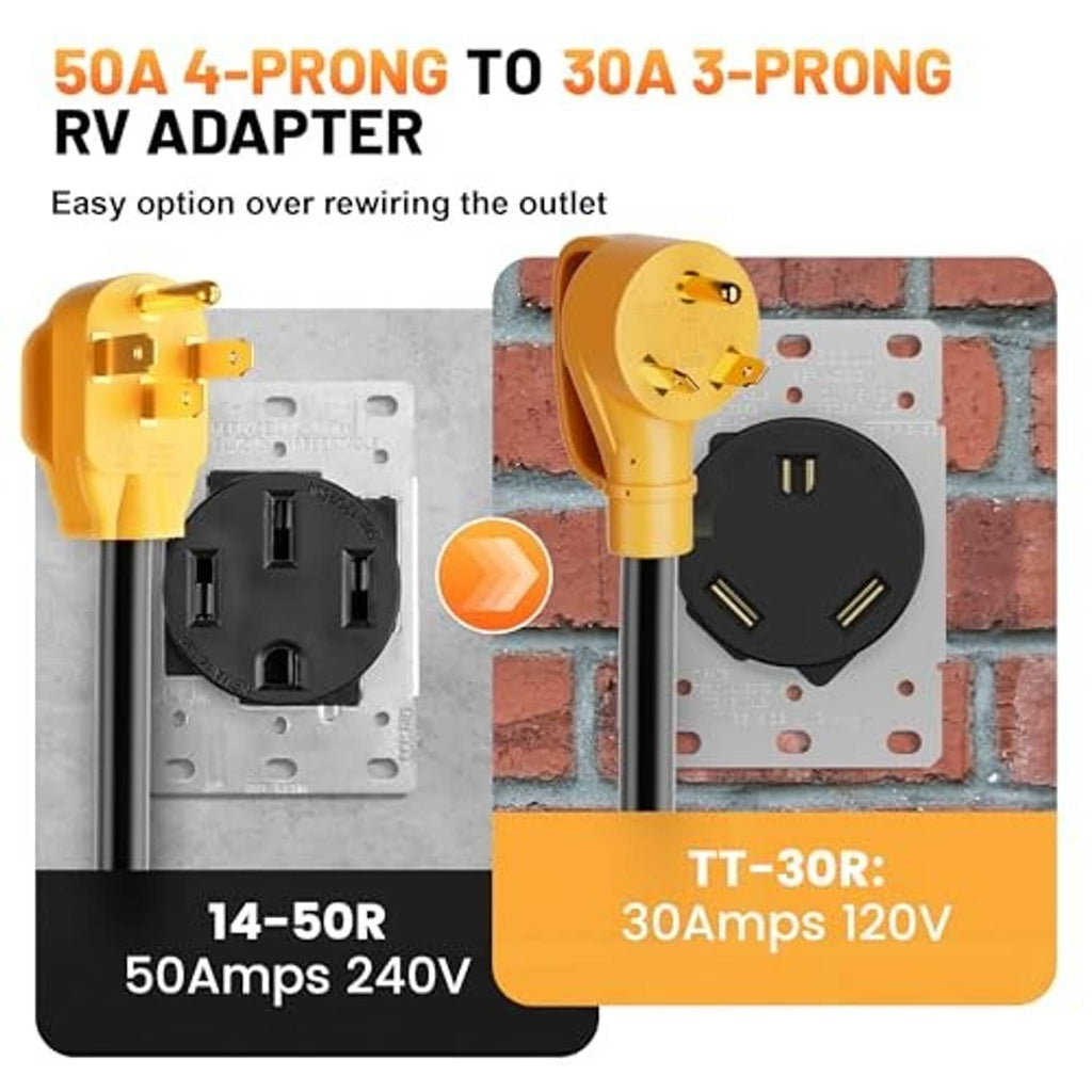 Yellow 50A to 30A RV adapter with 14-50R inlet and TT-30R 3-prong plug