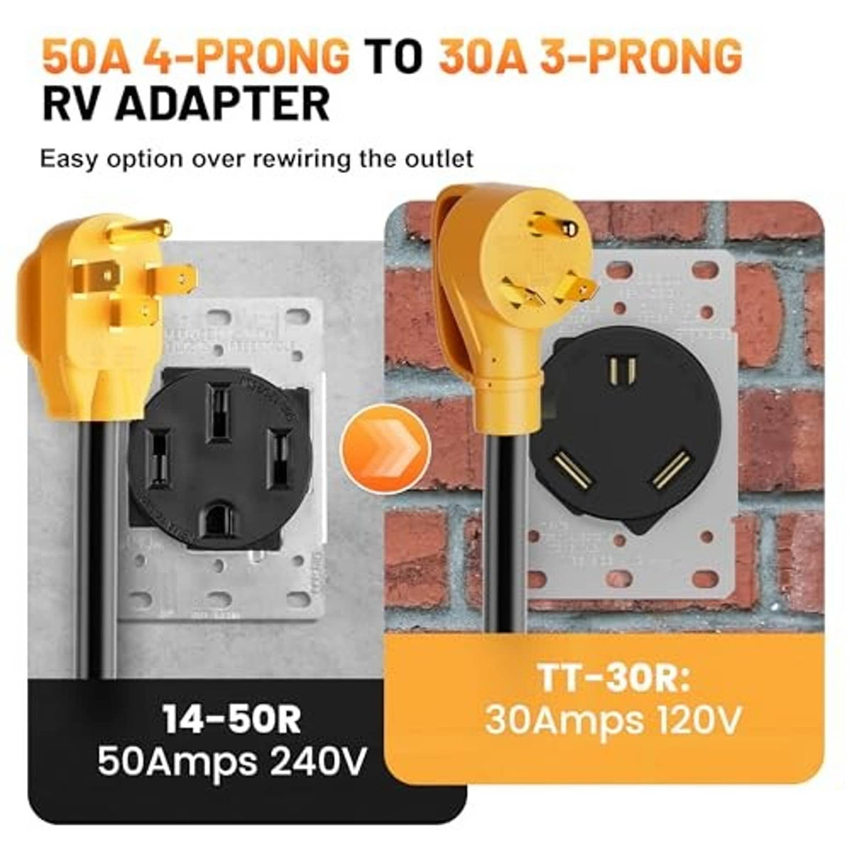Yellow 50A to 30A RV adapter with 14-50R inlet and TT-30R 3-prong plug