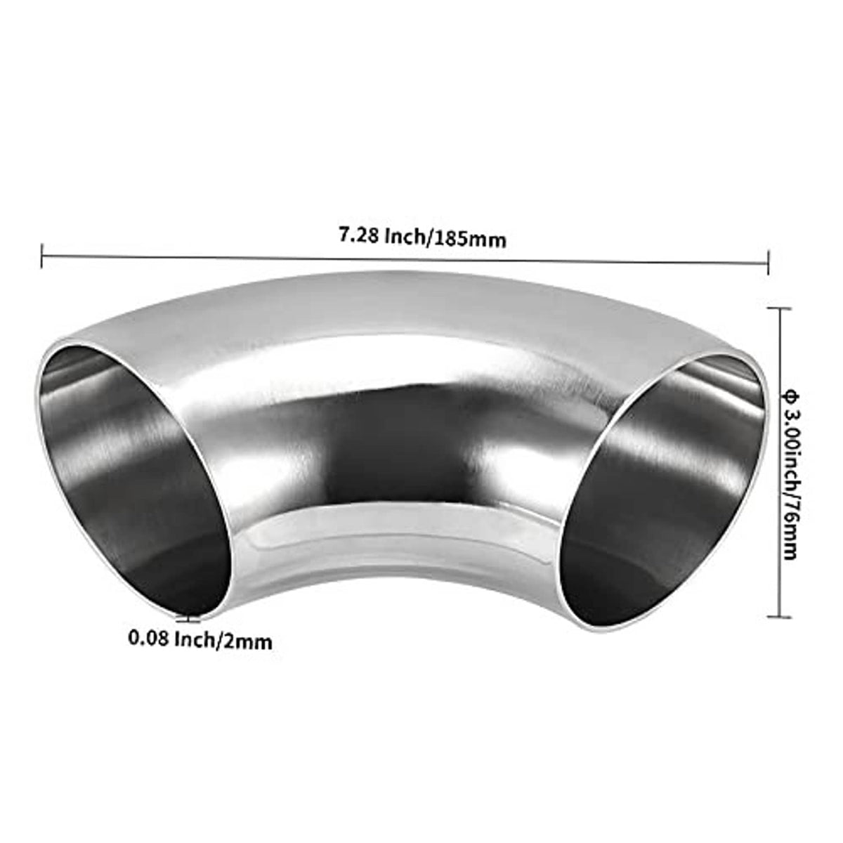 3 in 90° stainless steel elbow fitting, 2 mm wall thickness with labeled size