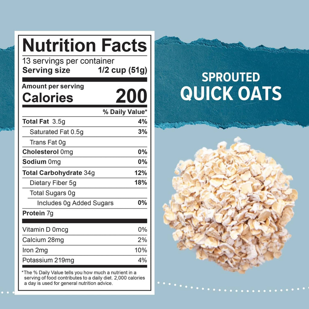 Nutrition facts panel and sprouted quick oats grains on the package