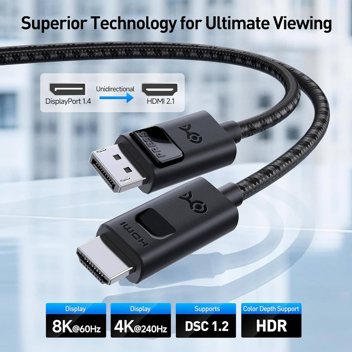Braided black DisplayPort-to-HDMI cable shown with both male plug ends