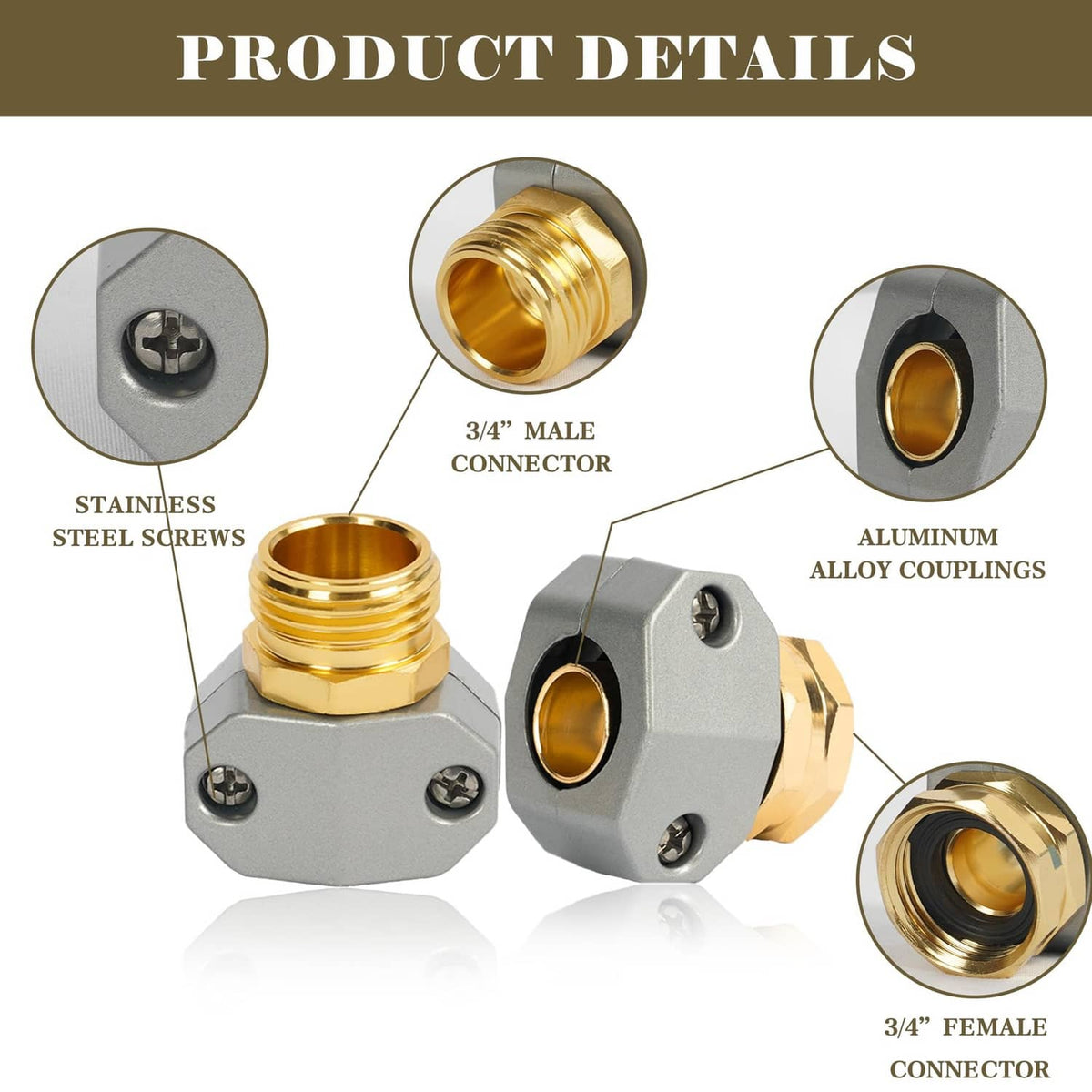 Garden hose repair connector set with gray aluminum alloy couplings, gold threads, steel screws