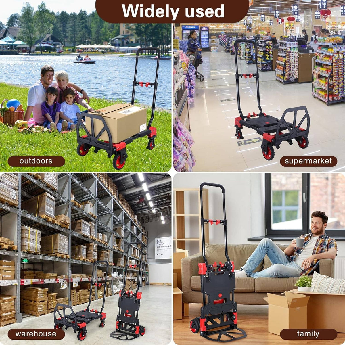 Foldable hand truck dolly in use outdoors, black platform with red caster wheels