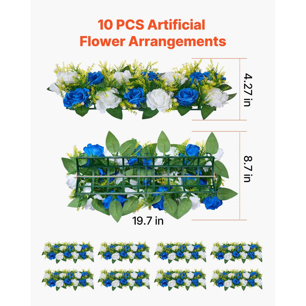 Set of 10 blue and white artificial flower arrangements with green leaves and rose blooms