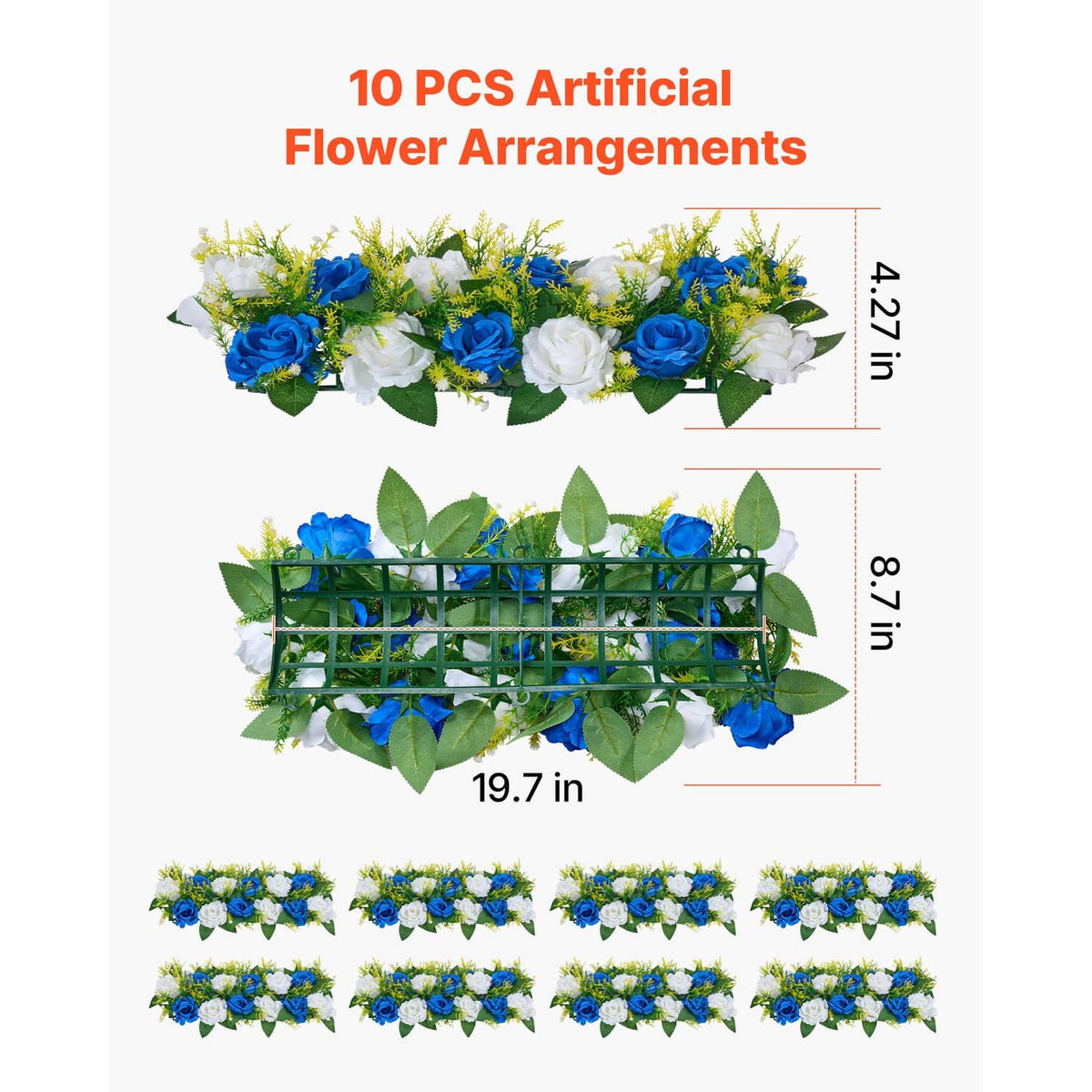 Set of 10 blue and white artificial flower arrangements with green leaves and rose blooms