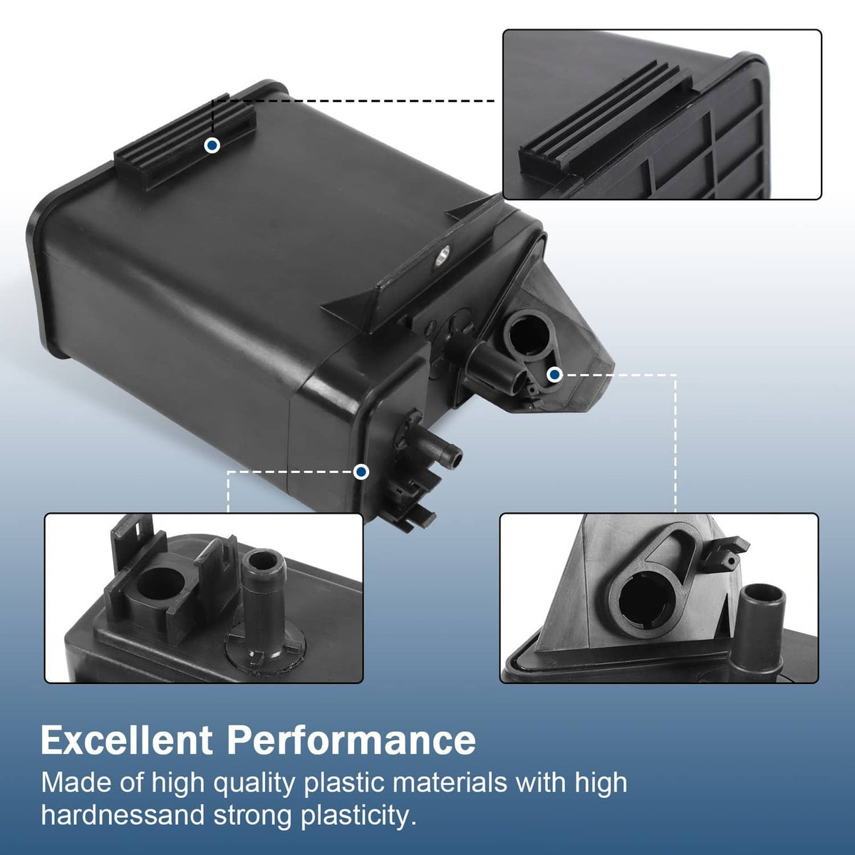 Fuel vapor charcoal canister with molded ribs and connector ports, close-up angle