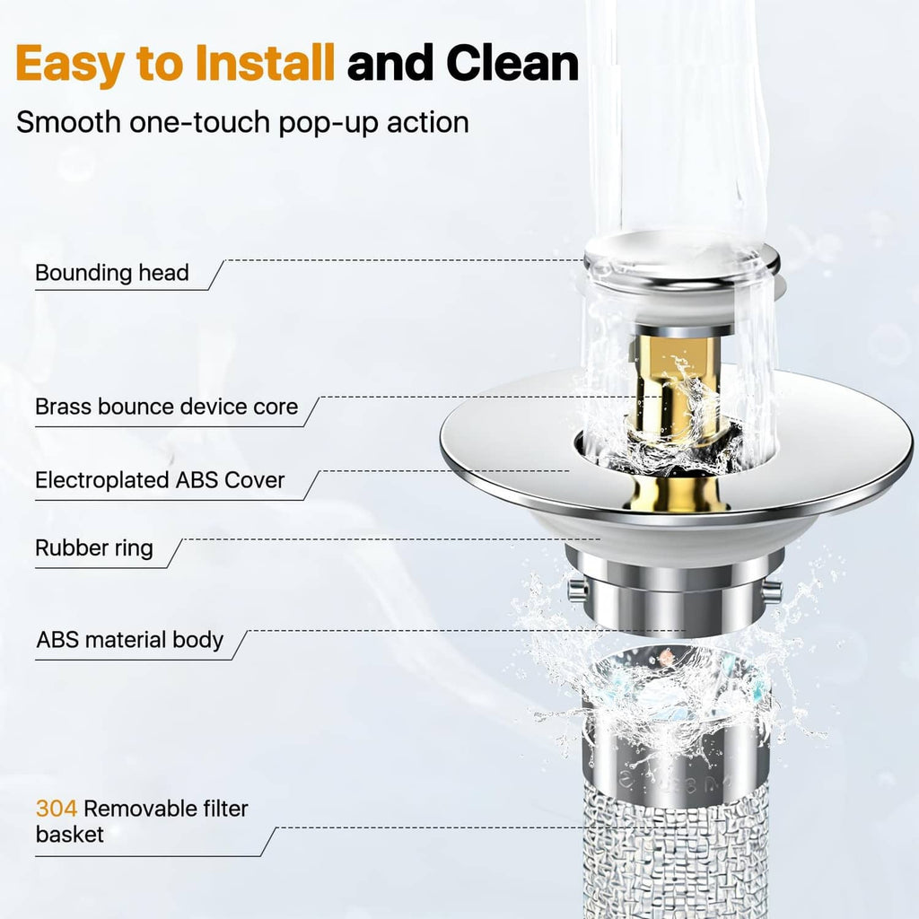 Chrome pop-up sink drain strainer with internal parts and rubber ring