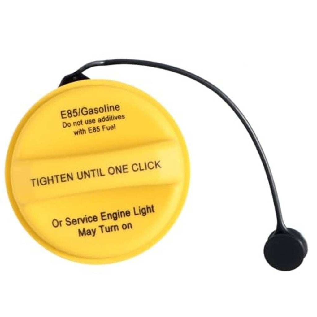 Yellow gas cap with black tether cord, round fuel filler cap