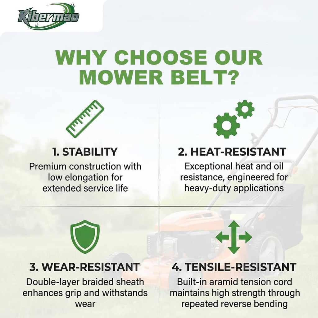 Deck belt benefits infographic: stability, heat resistance, wear resistance, tensile resistance.