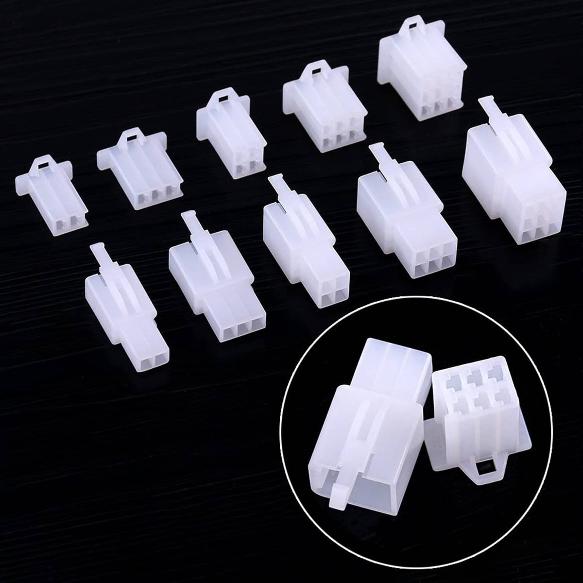 White 2.8 mm pitch wire connector housings, multiple pieces
