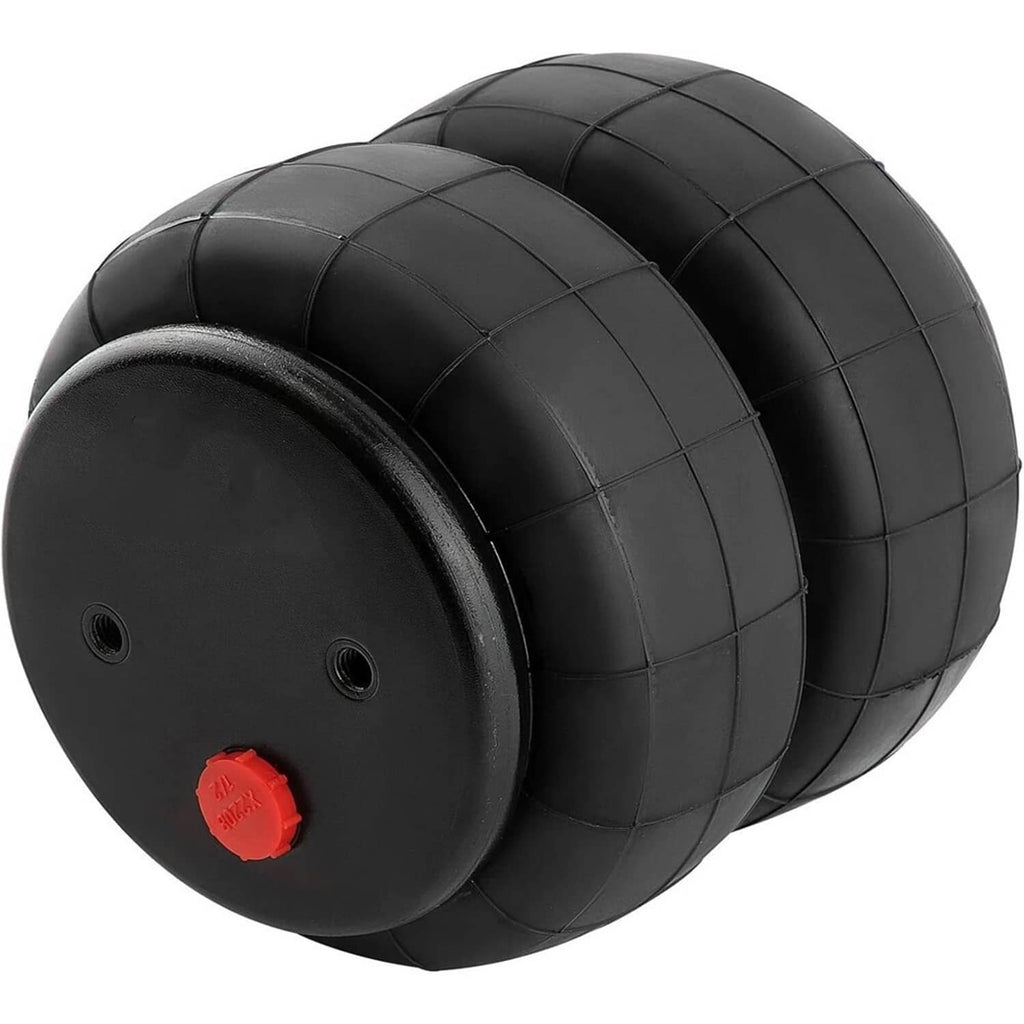 Set of 2 black air suspension bags with red valve port and mounting holes