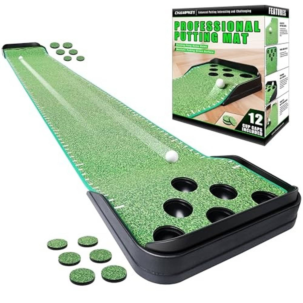 Indoor golf putting green mat with ball, six cup holes, and teal edge