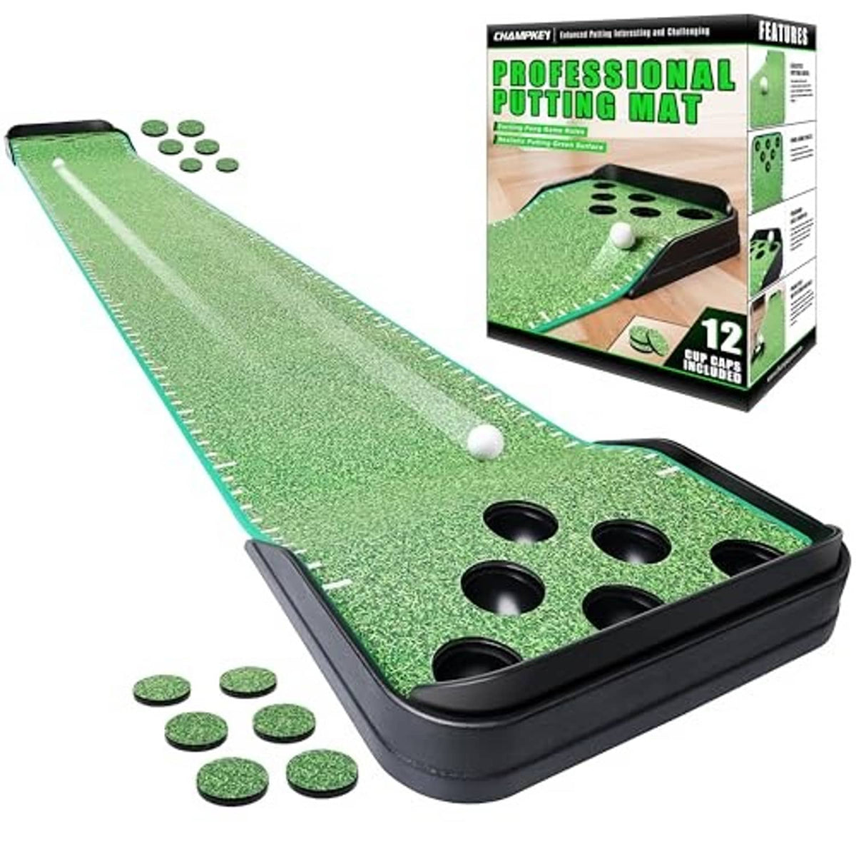 Indoor golf putting green mat with ball, six cup holes, and teal edge