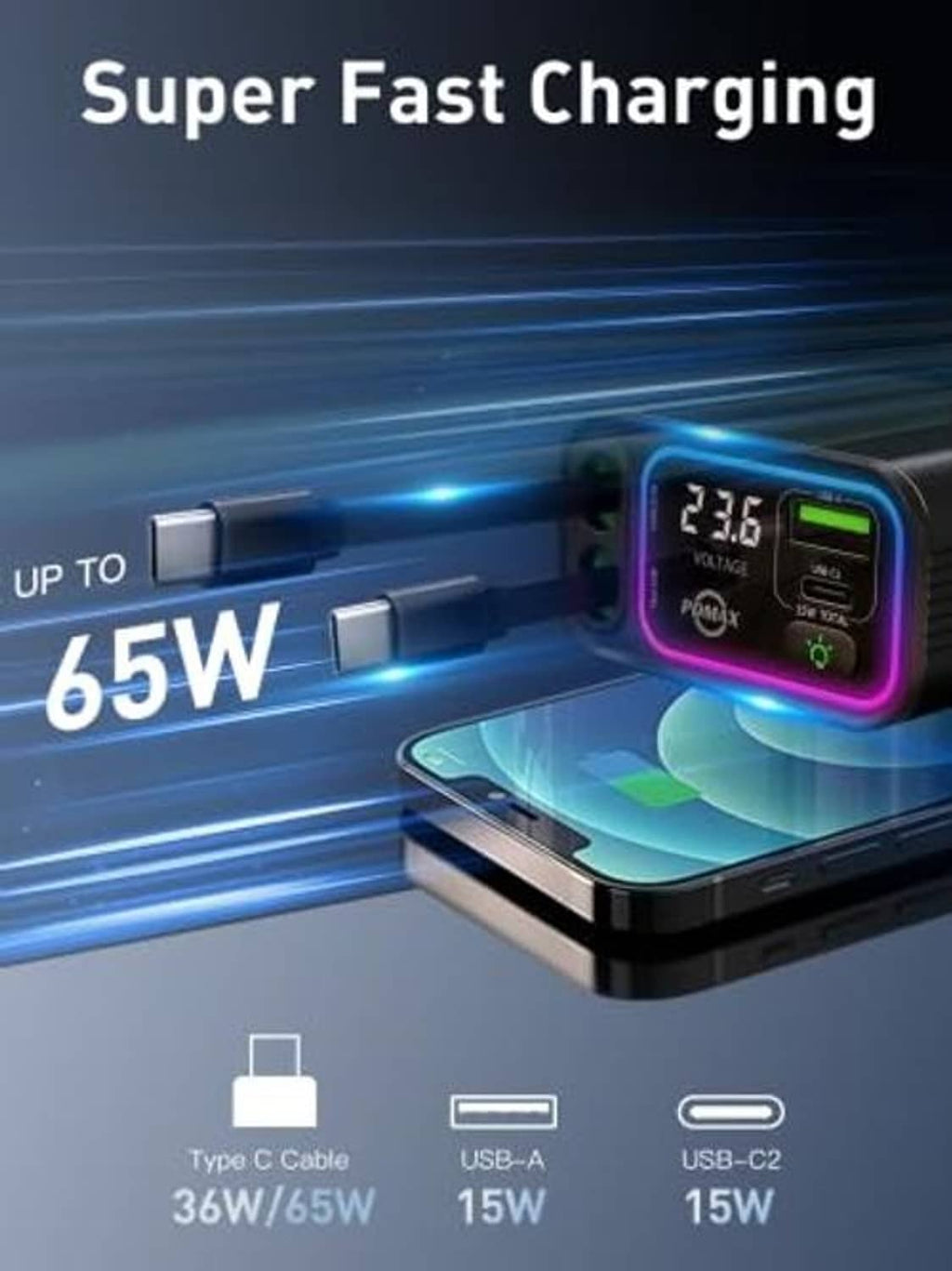 Retractable USB-C car charger with LED display and visible dual charging plugs