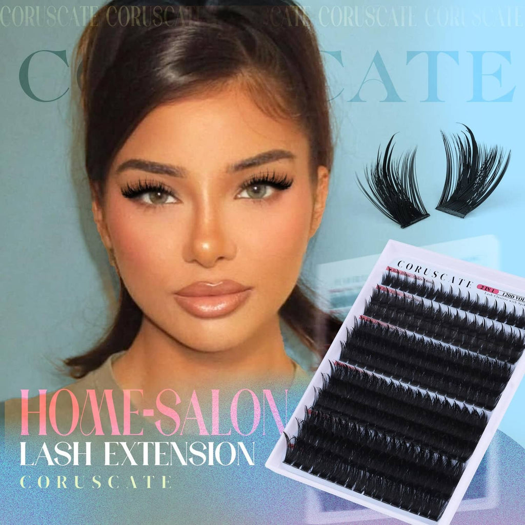 Black mink lash cluster extensions tray beside a model wearing full lashes