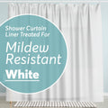 White shower curtain liner with reinforced top header and evenly spaced folds