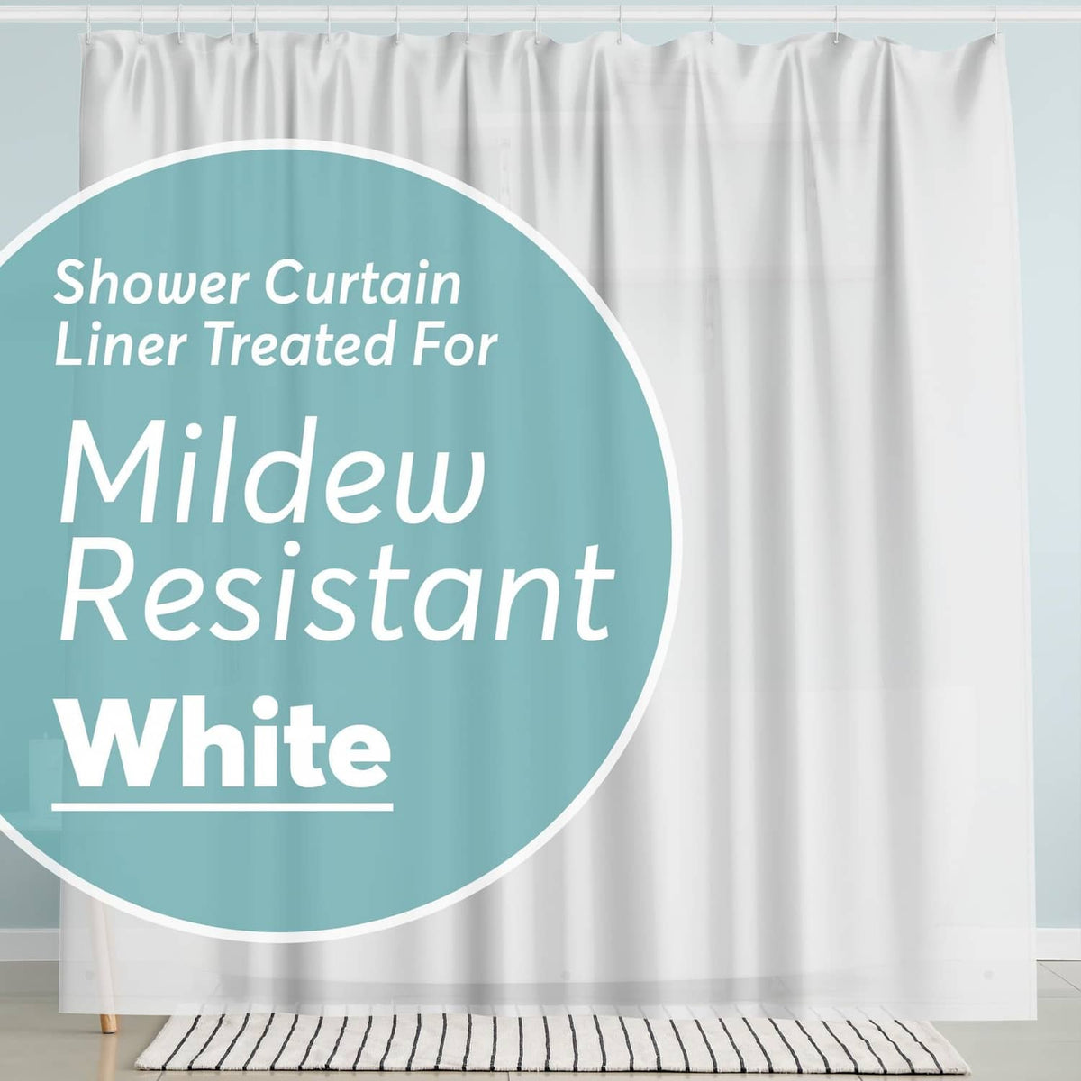 White shower curtain liner with reinforced top header and evenly spaced folds