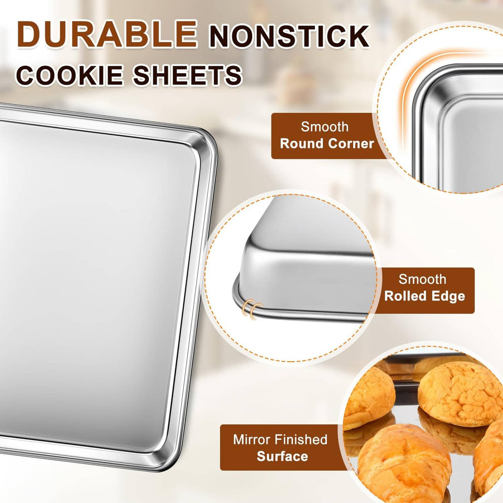 Silver stainless steel cookie sheet with smooth rolled edge and mirror-finish surface