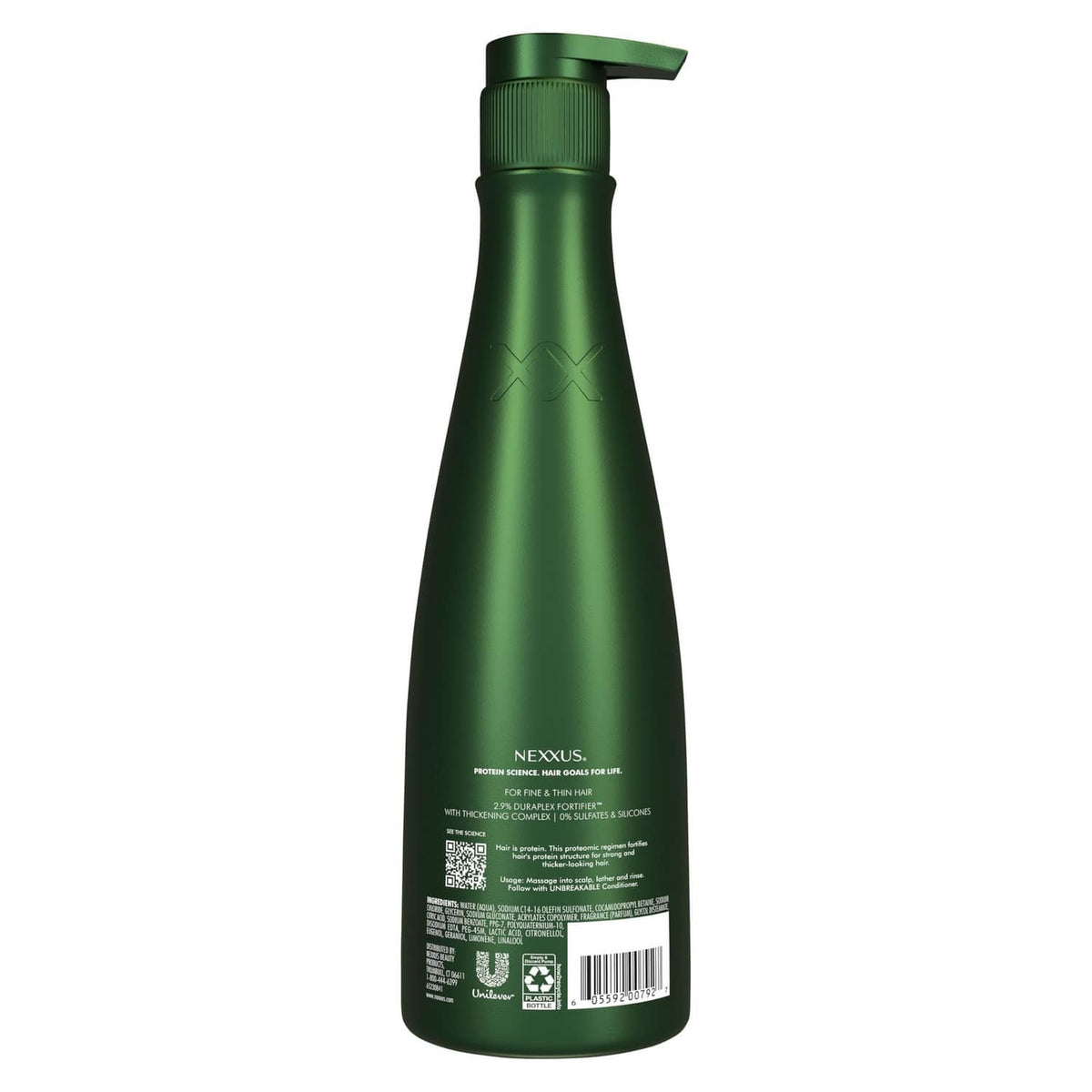 Nexxus green shampoo bottle back view with barcode and ingredient panel