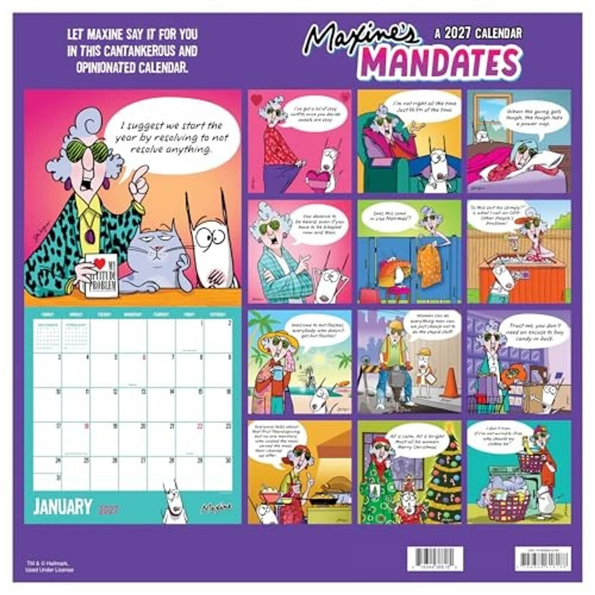 Maxine Mandates 2027 wall calendar back with January grid and comic panels