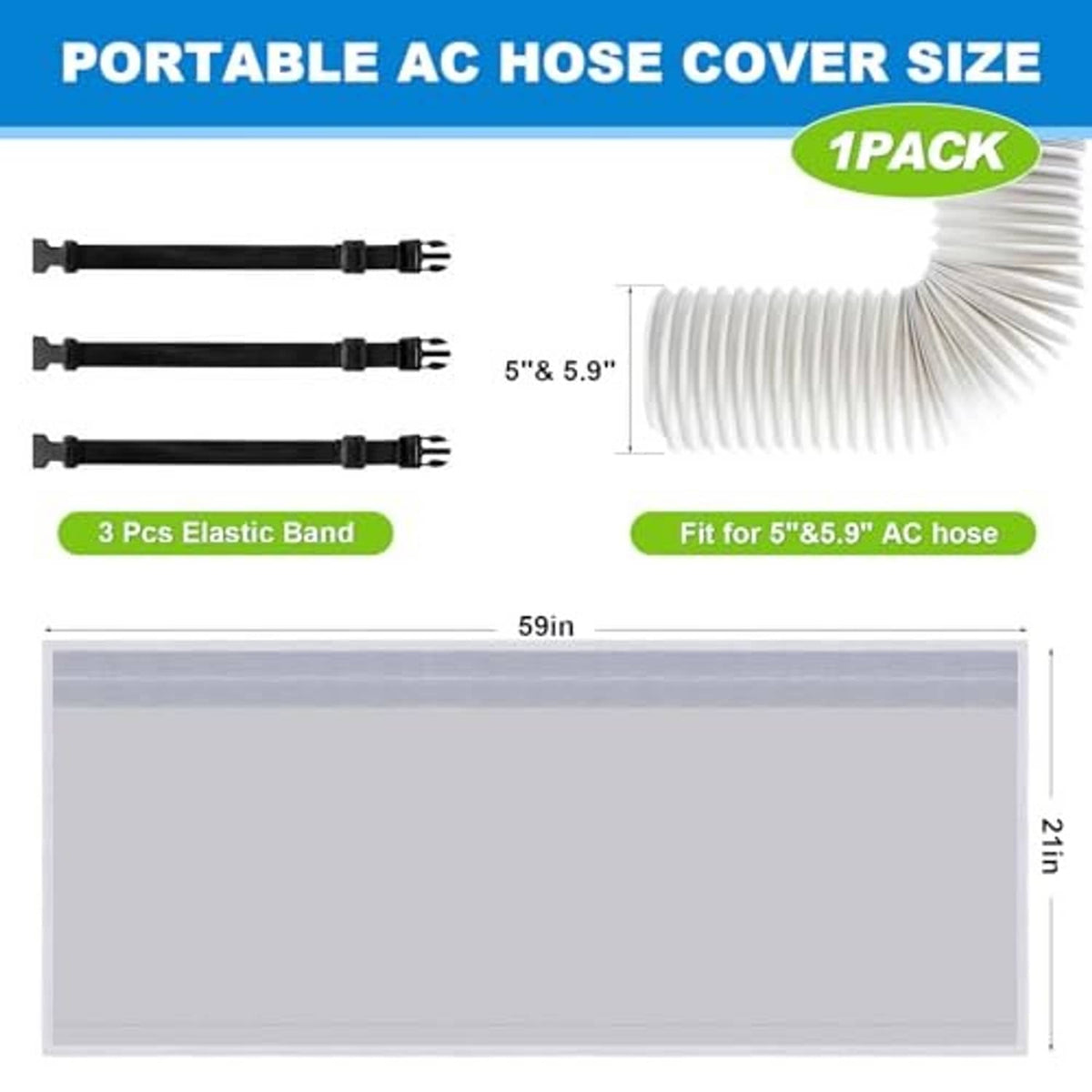 Gray portable AC hose cover sleeve for 5–5.9 in hoses with elastic bands