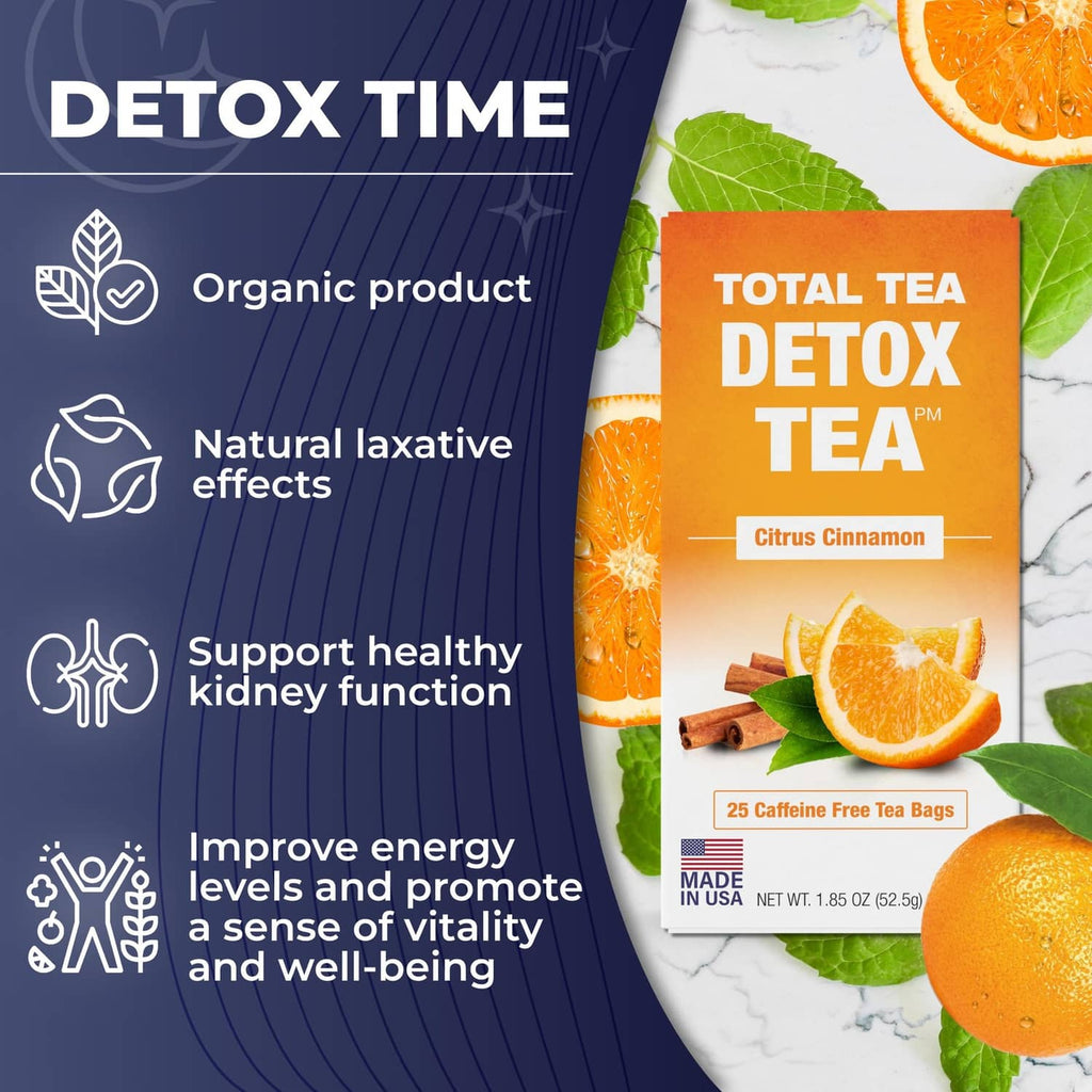 Total Tea Detox tea box with Citrus Cinnamon flavor and caffeine-free