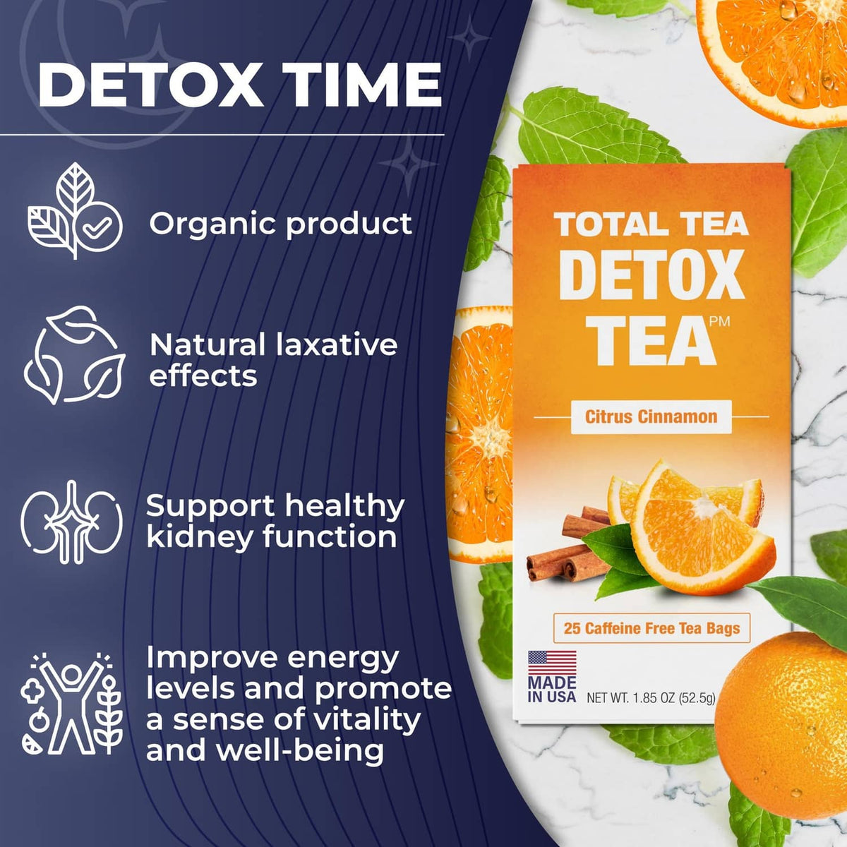 Total Tea Detox tea box with Citrus Cinnamon flavor and caffeine-free