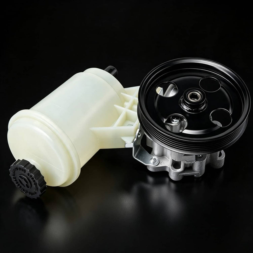Power steering pump with light reservoir and black pulley, side view with housing.