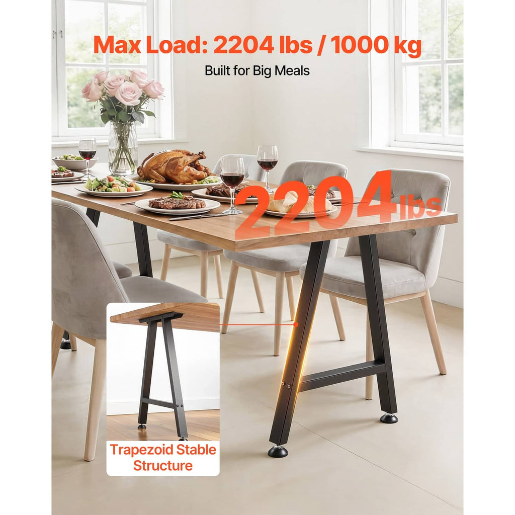 Pair of black trapezoid table legs under a dining table, sturdy tabletop support