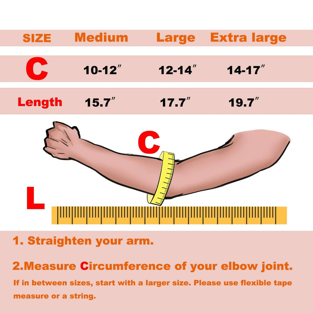 Arm sleeve sizing chart showing length and circumference measurements