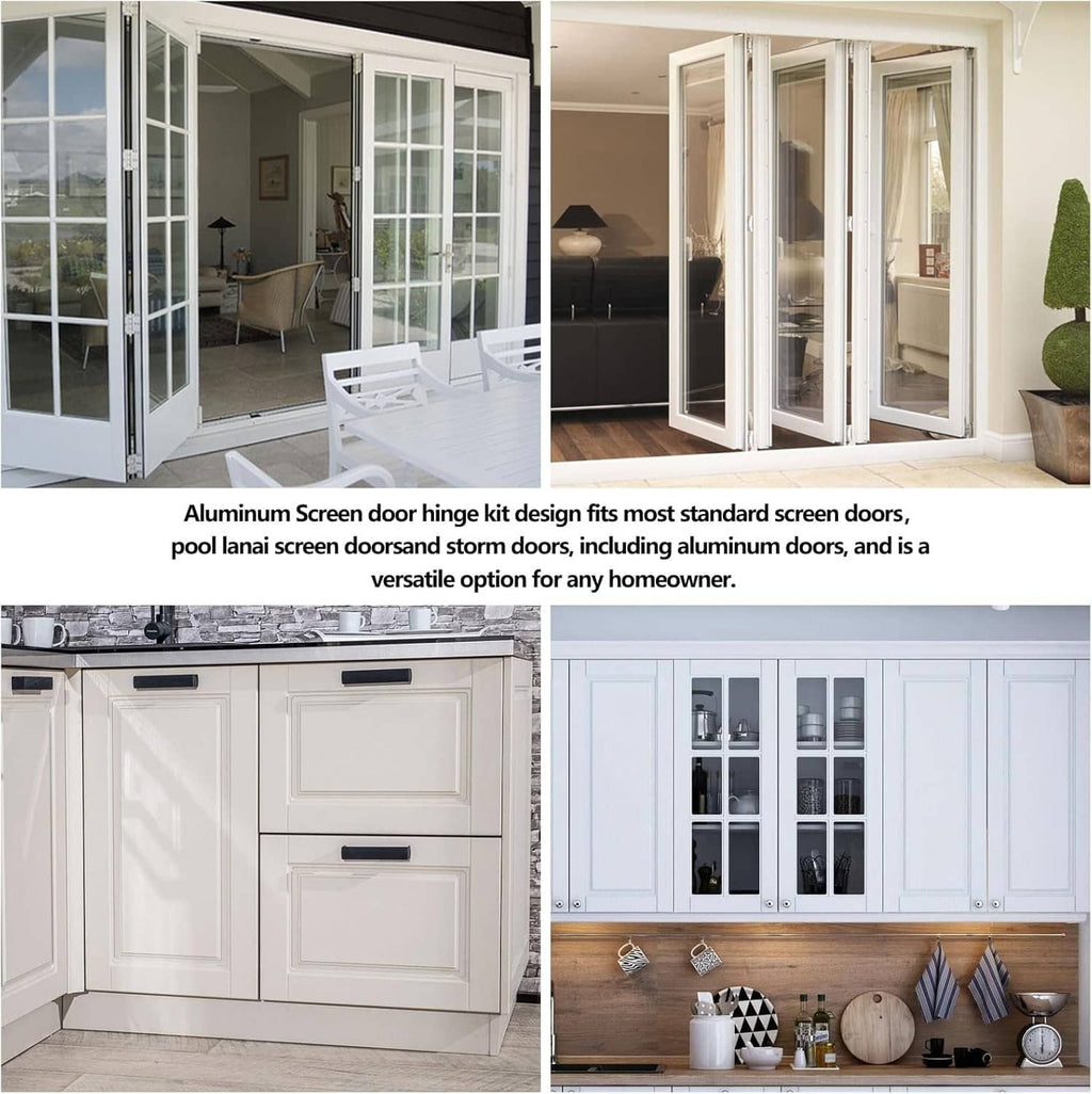 Aluminum screen door hinge kit installed on white screen door panels
