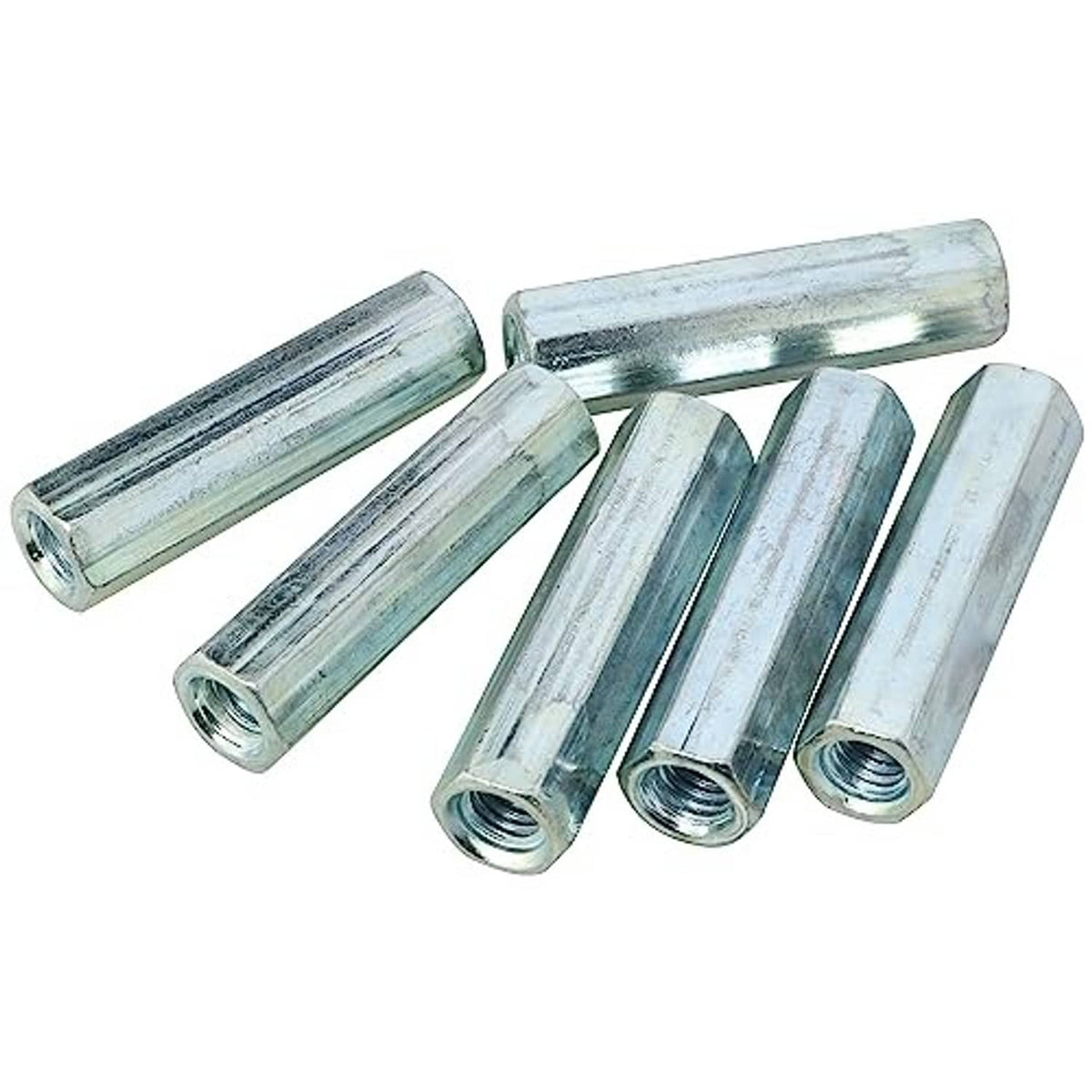 Set of long hex coupling nuts with M6 female threads, silver zinc finish, 6-pack