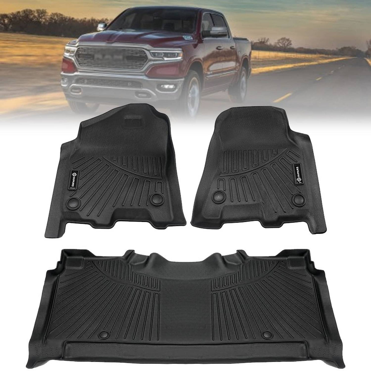 Black TPE floor mats set, front pair and back mat with ridged anti-slip design