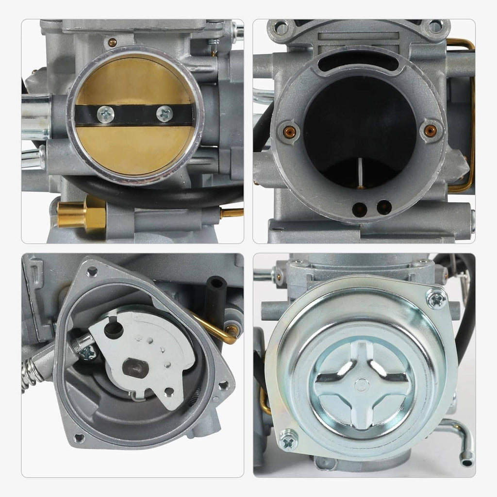 Carburetor close-up collage showing intake bore, diaphragm cover, and mounting screws