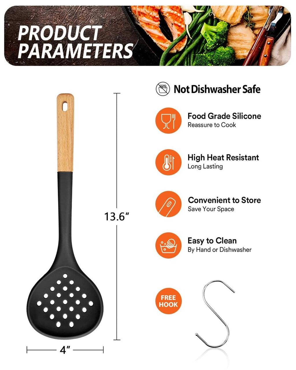 Black slotted kitchen ladle strainer with perforated head, wood handle, 13.6 in