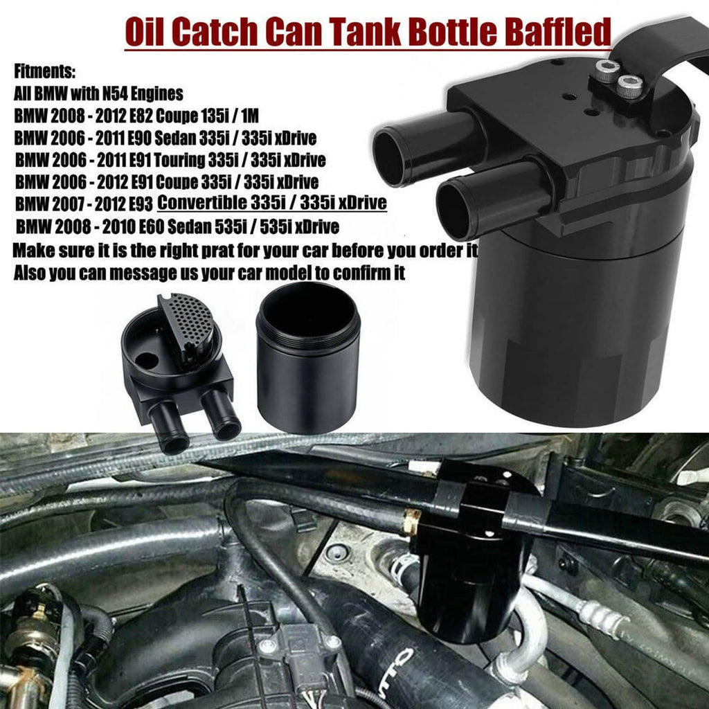Black oil catch can tank with baffled ports and included mounting components
