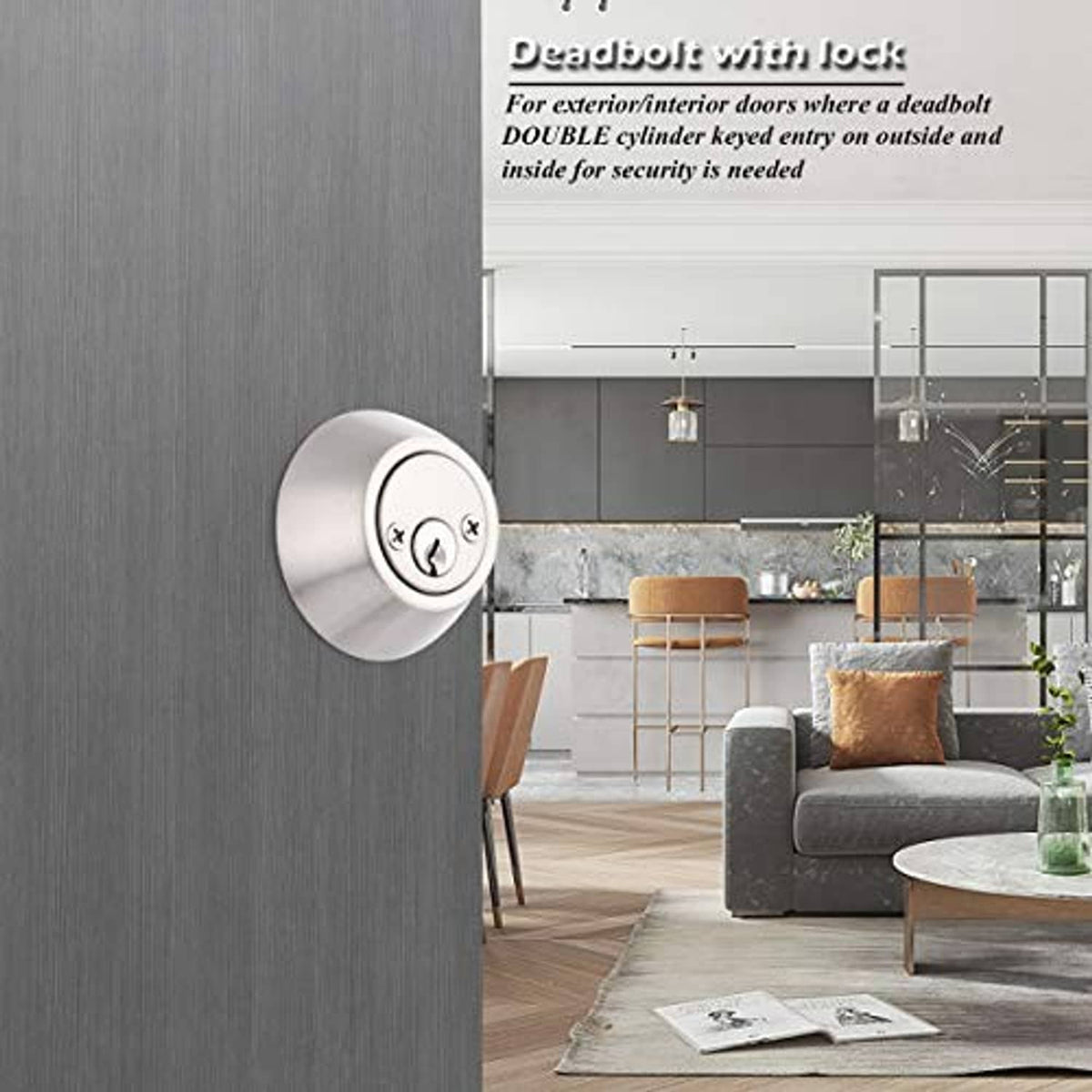 Satin nickel double-cylinder deadbolt with round key cylinder on a door
