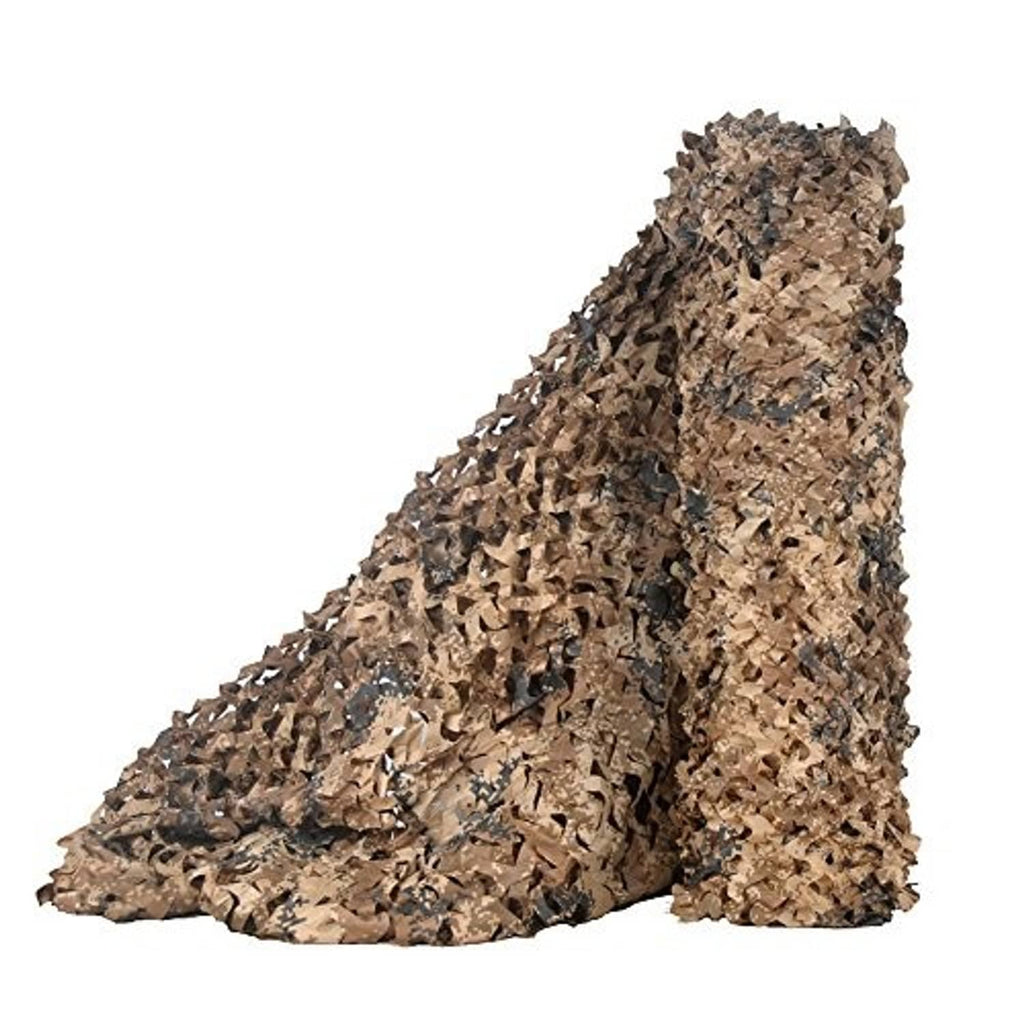 Camouflage netting in desert tan and brown, folded triangular drape