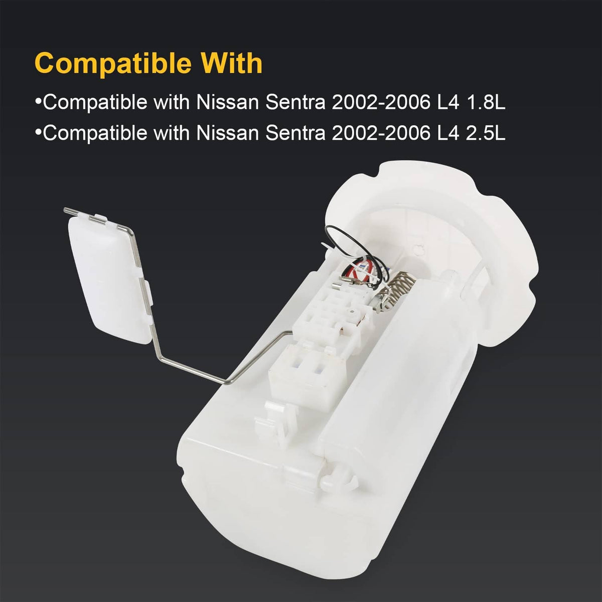 White fuel pump module assembly with angled metal arm and electrical connectors