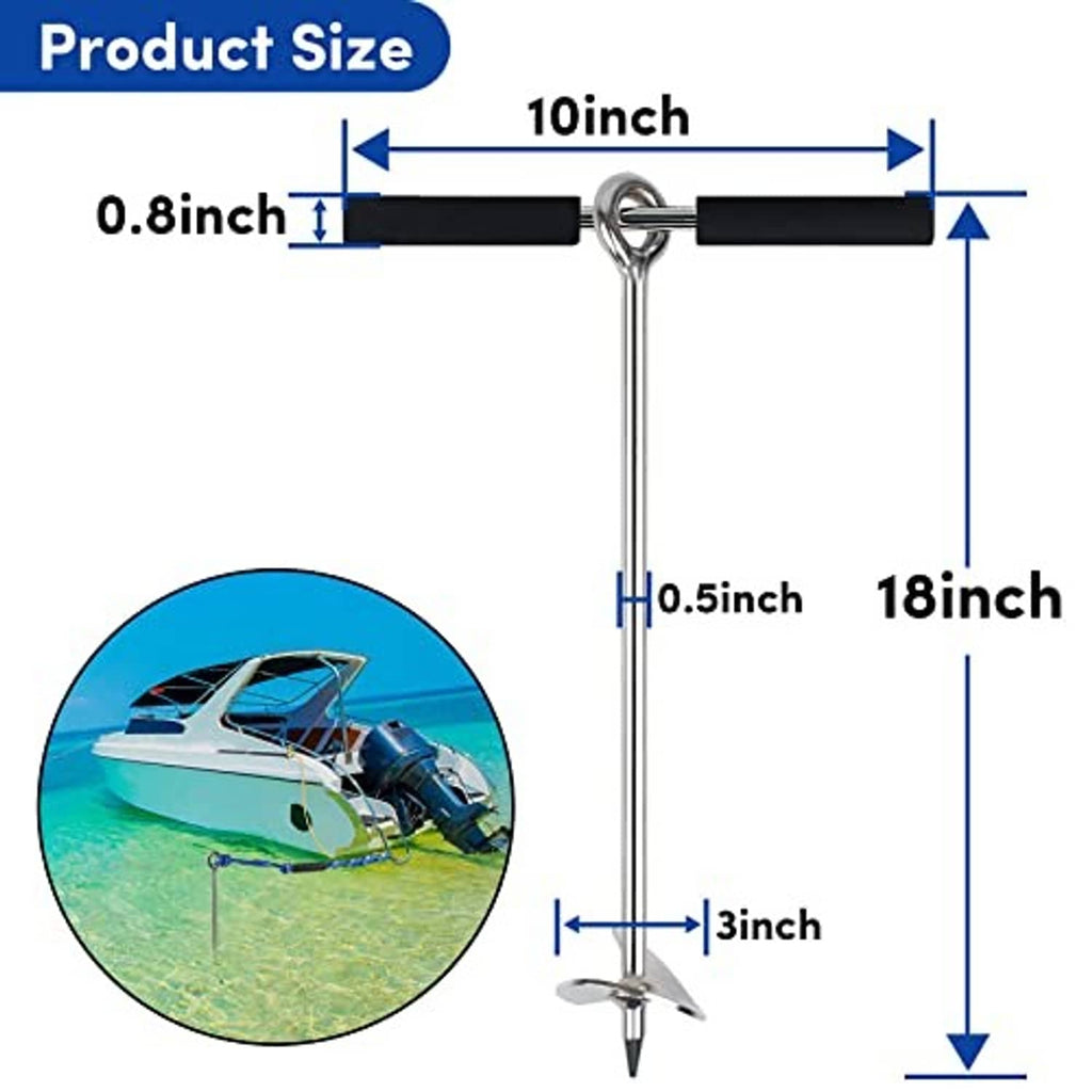 18-inch sand anchor with chrome shaft and pointed auger, shown with size measurements