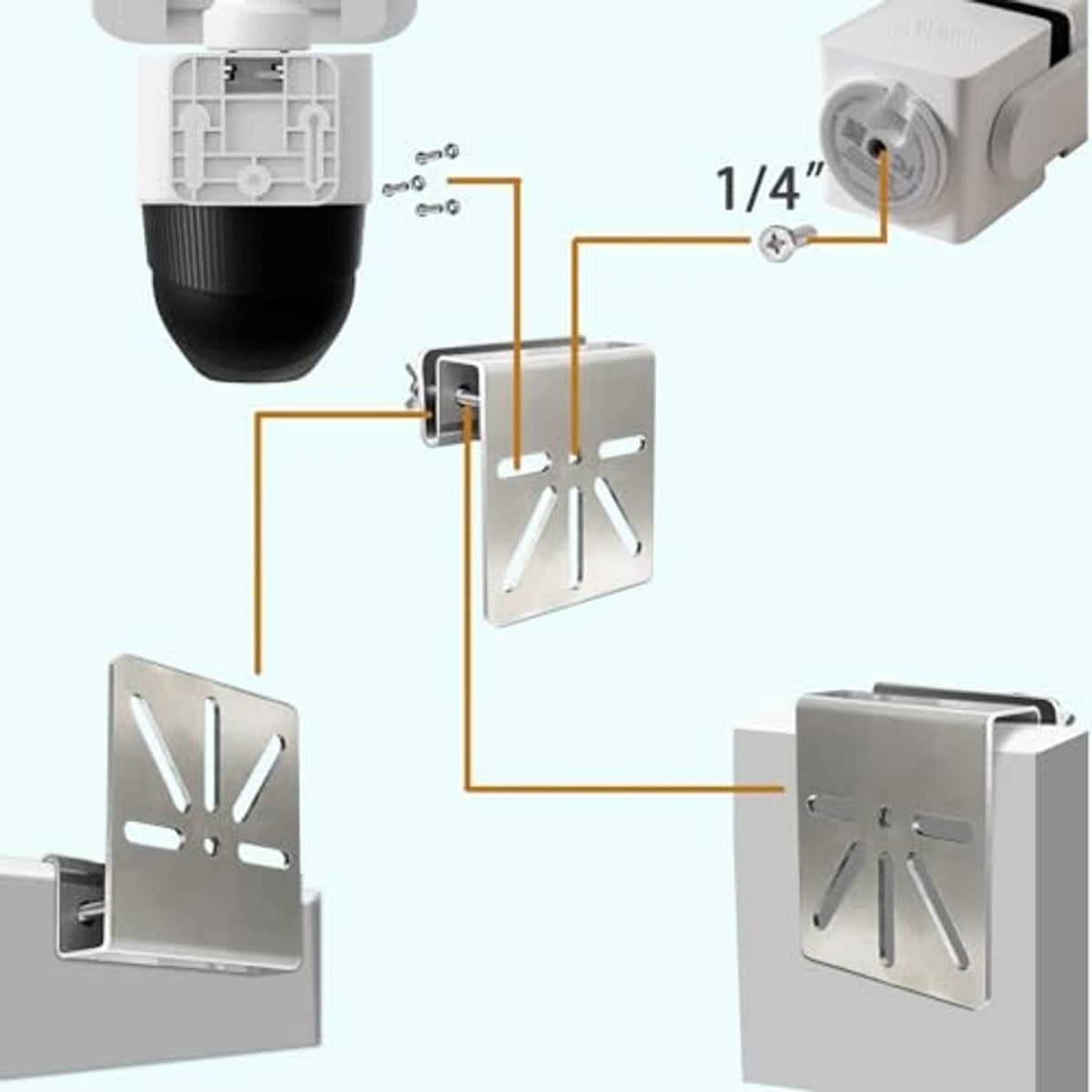 Stainless steel gutter mount bracket set with hardware and 1/4 in screw hole spacing