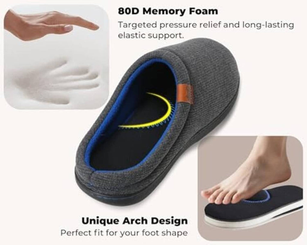 Dark grey house slipper with blue collar and visible arch support insole