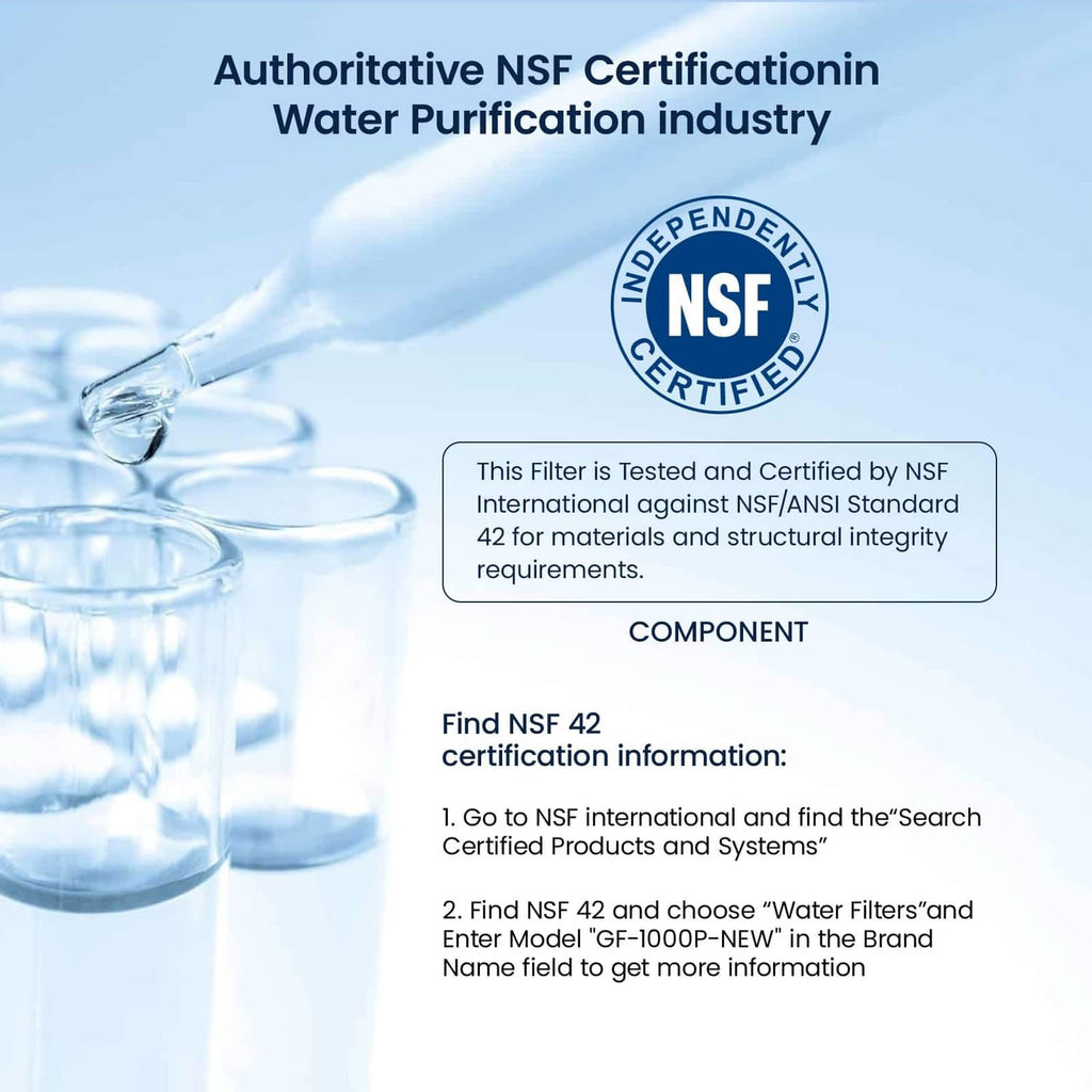 Water filter NSF certification badge with cartridge concept and water drop graphic