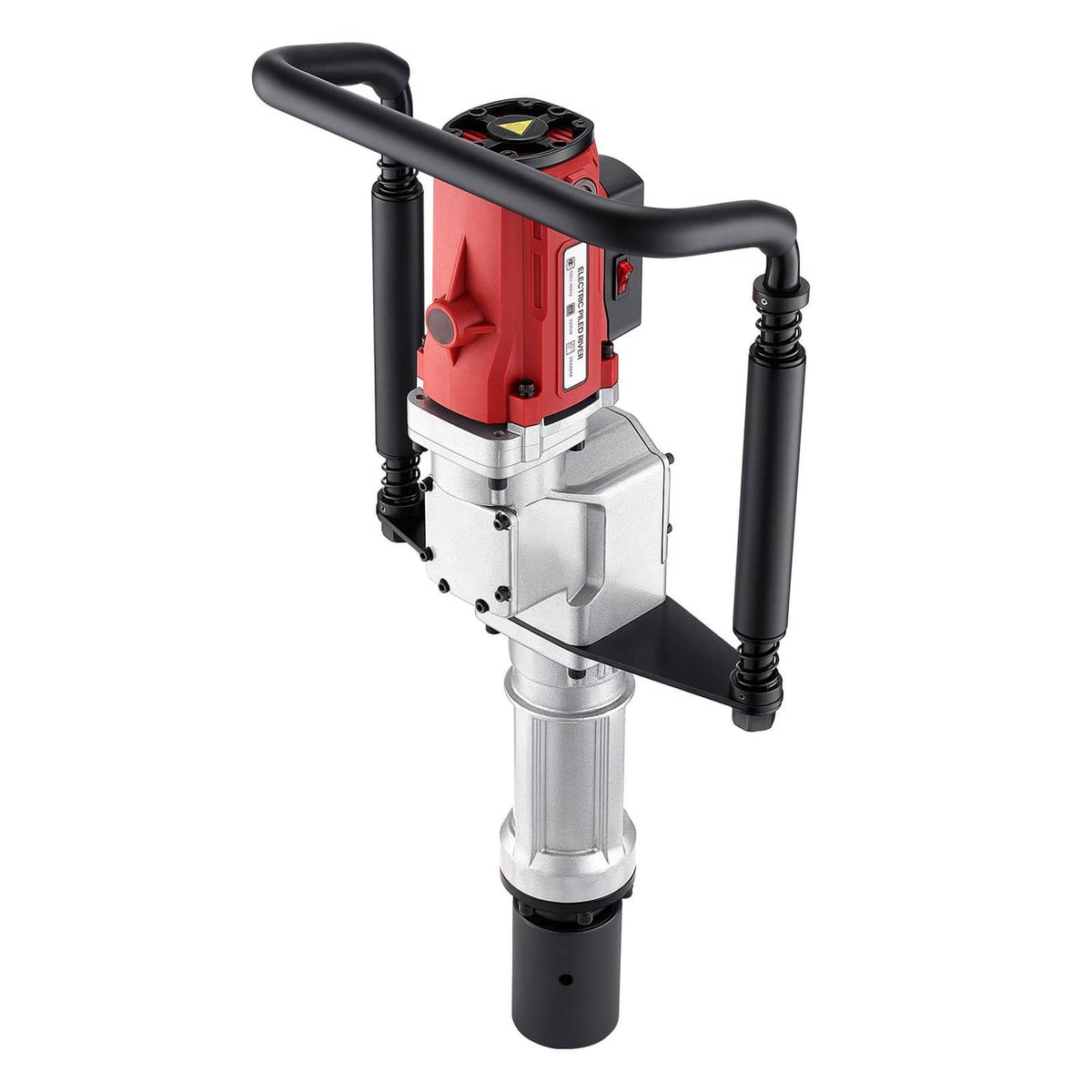 Electric piling post driver with red housing, black handles, and silver support frame