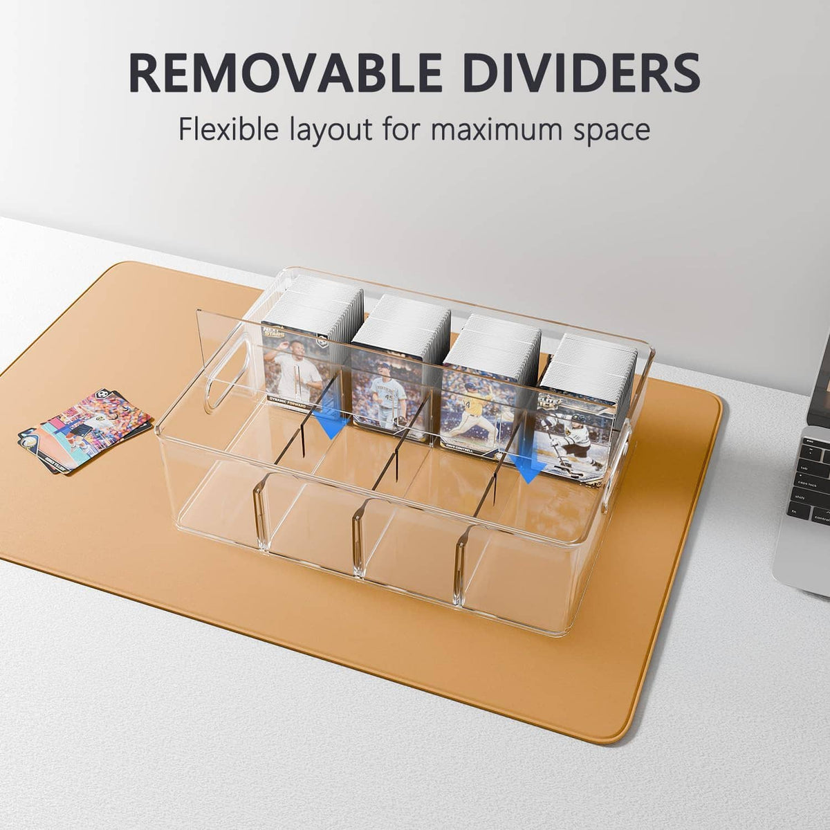Clear card storage box with removable dividers for flexible compartments and sleeved cards