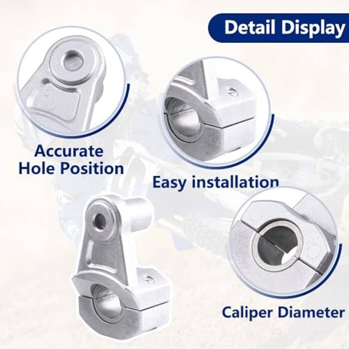 Silver handlebar clamp riser set, close-up of pivot block and mounting hole
