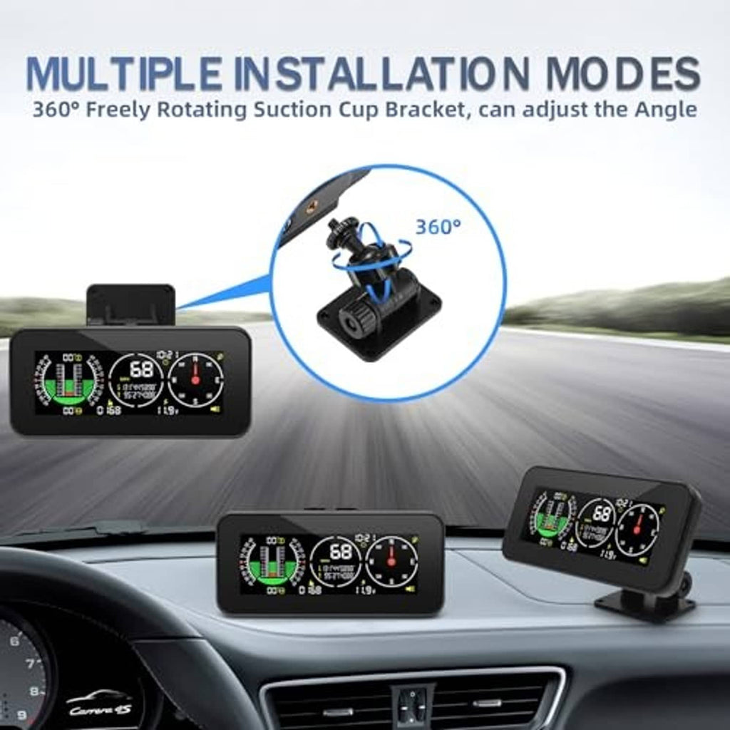 HUD inclinometer with 360° rotating suction bracket and dashboard-mounted display