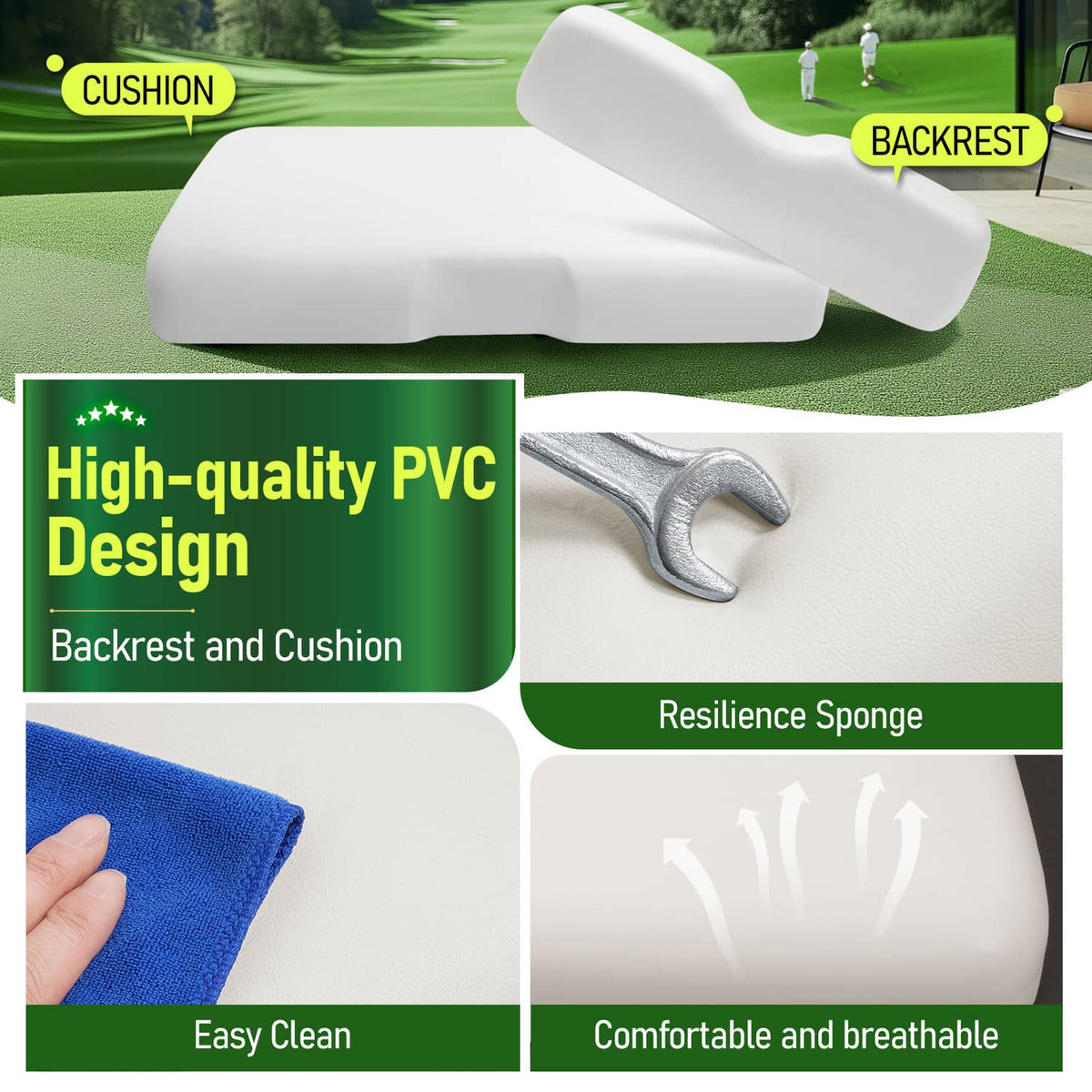 White backrest and cushion with metal mounting tool and labeled features panel