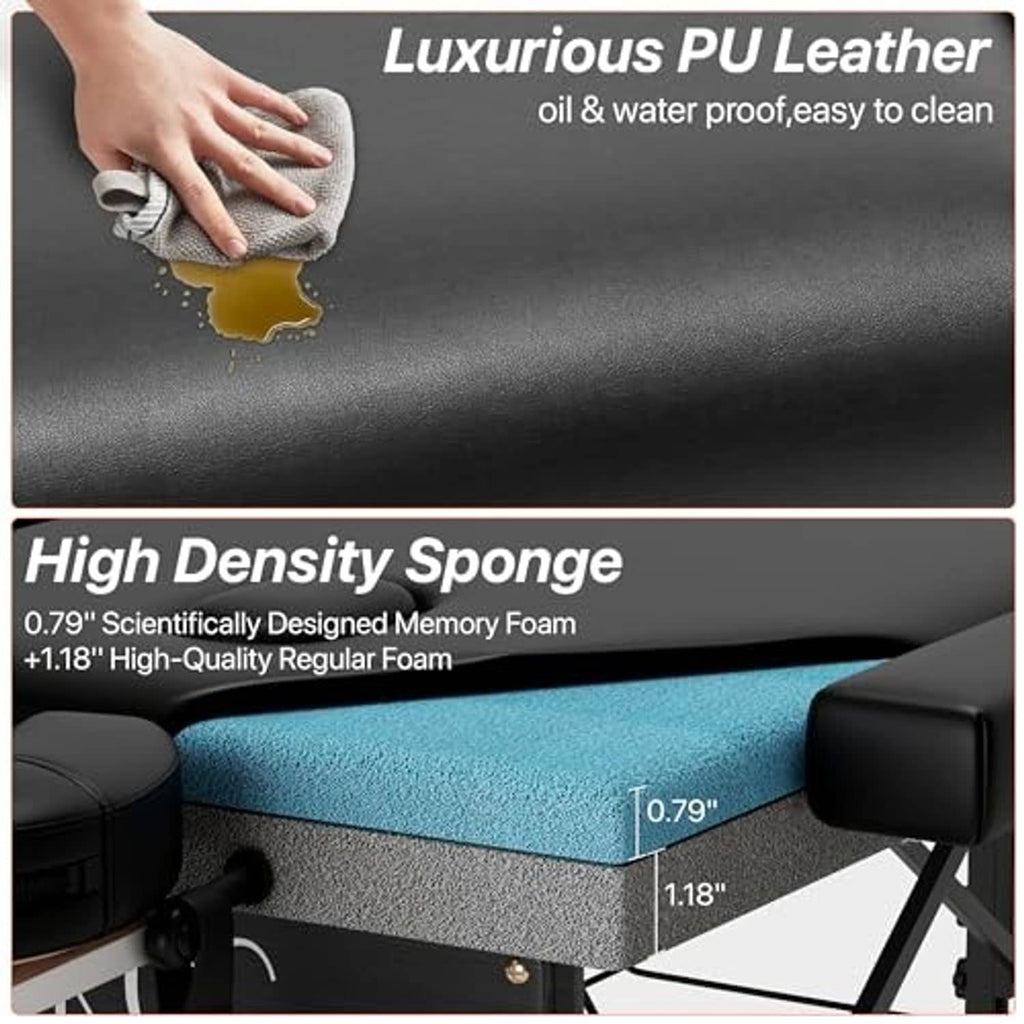 Water-resistant massage table upholstery with textured dark gray surface and blue foam padding