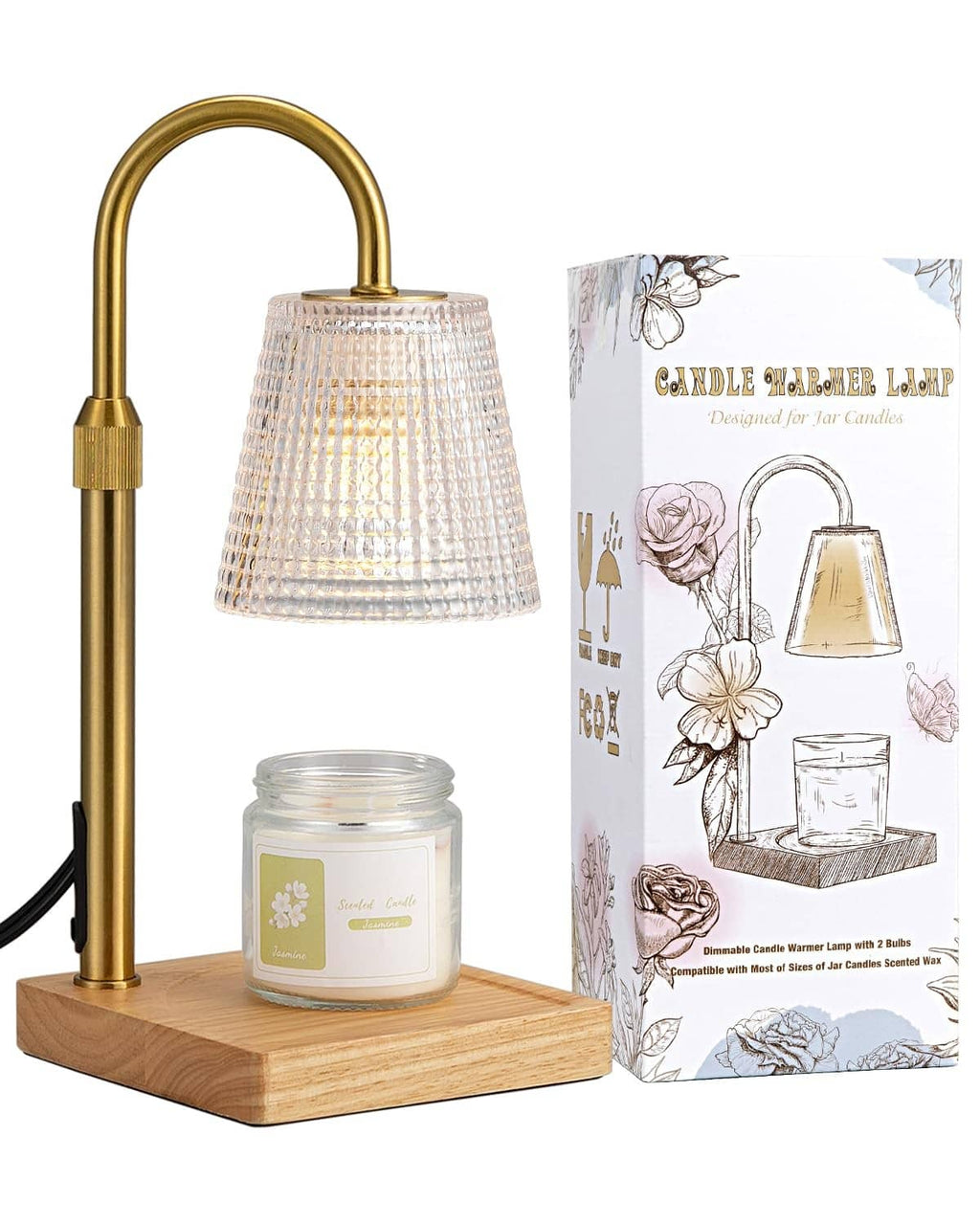Brass candle warmer lamp with clear shade and wooden base, with packaged candle jar